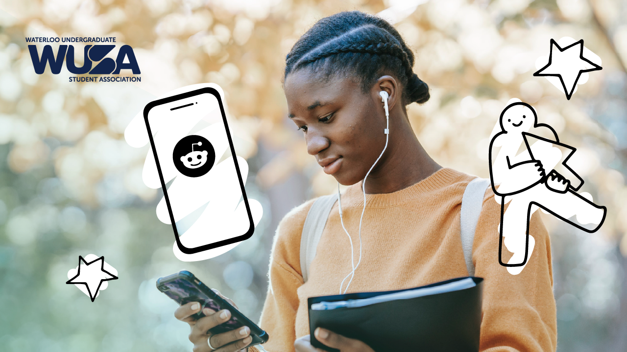 A student with earbuds holds a phone and notebook; WUSA logo and cartoon icons overlay the image.