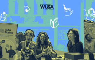 Students smiling and interacting at the University of Waterloo’s Campus Life Fair, with playful icons and banners in the background.