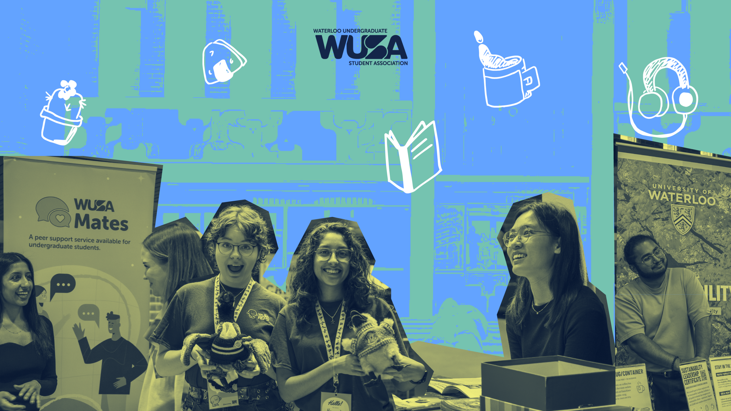 Students smiling and interacting at the University of Waterloo’s Campus Life Fair, with playful icons and banners in the background.