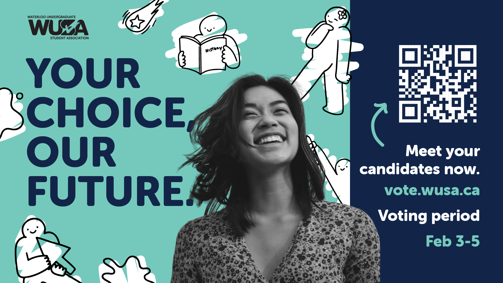 Smiling woman with text: "Your Choice Our Future." QR code and Election Resources info for WUSA on blue background.