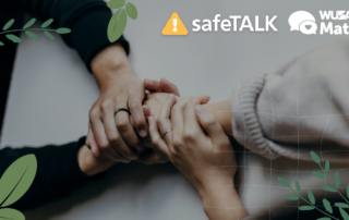 Four hands gently holding each other on a table, with safeTALK Training and WUSA Mates logos above.