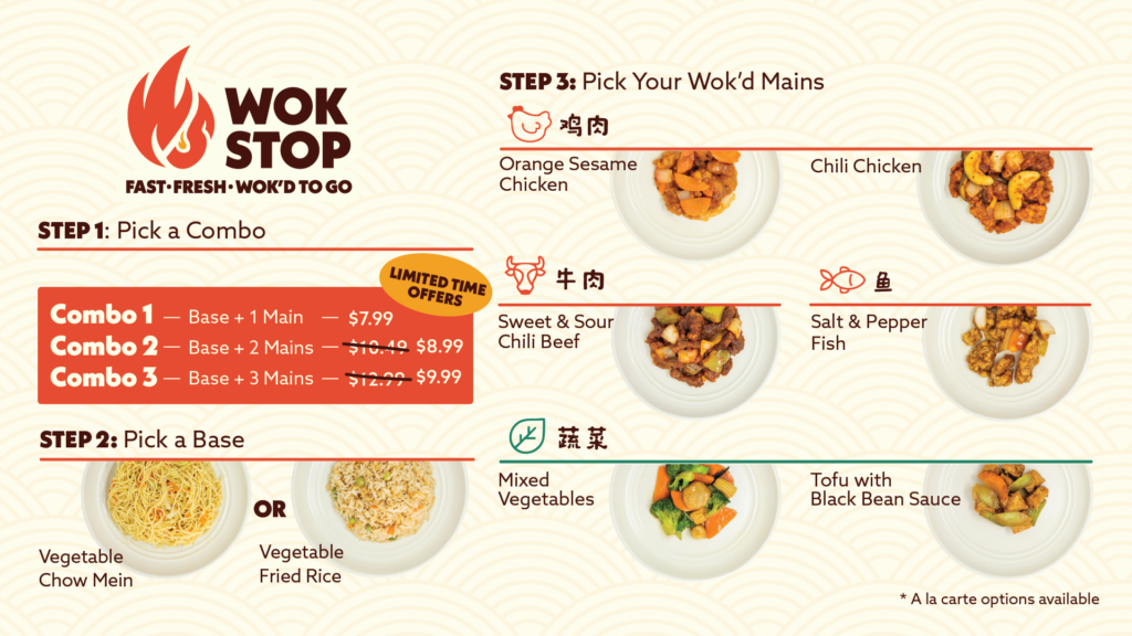 WokStopMenu_White_Offer Wok Stop menu showing combo options, base choices, and main dishes like chicken, beef, fish, and tofu.