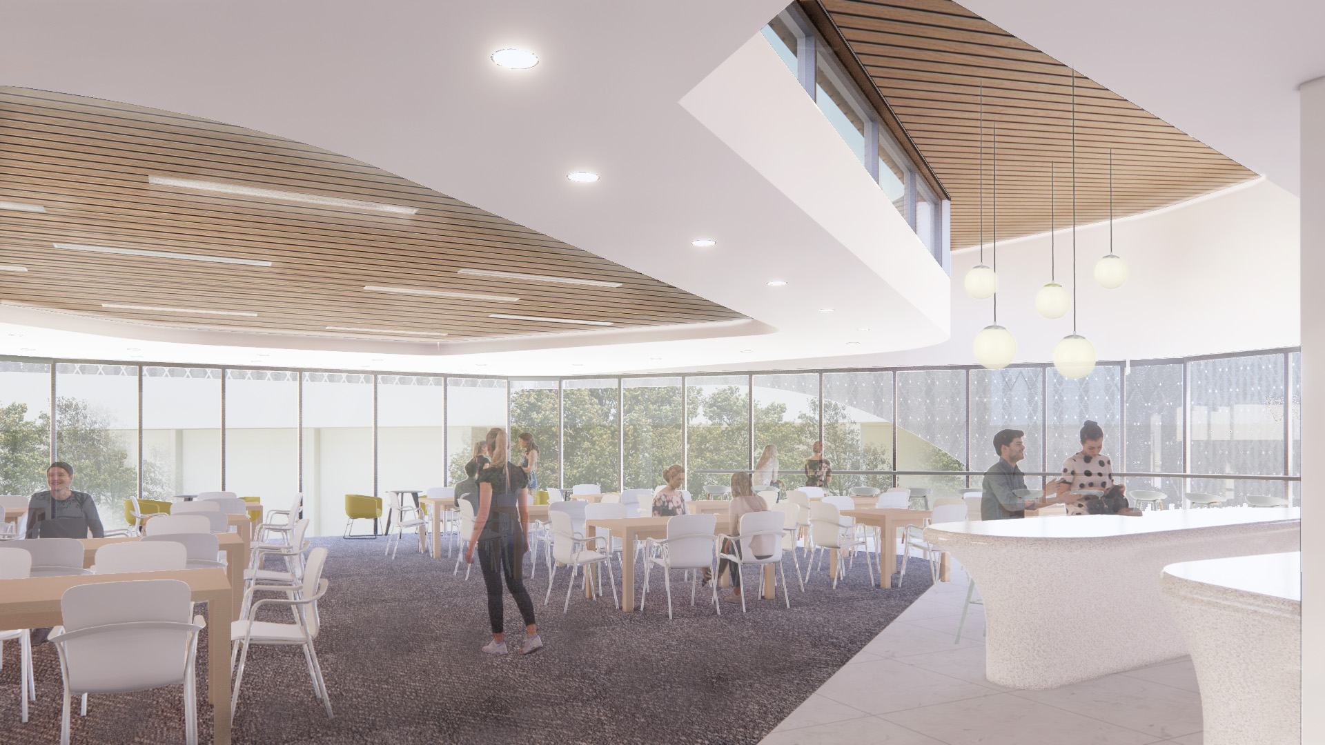 Modern, spacious cafeteria with people sitting and standing, large windows, and hanging lights.