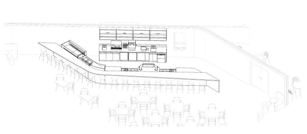 Line drawing of a modern L-shaped bar with barstools, tables, and shelves on the back wall.