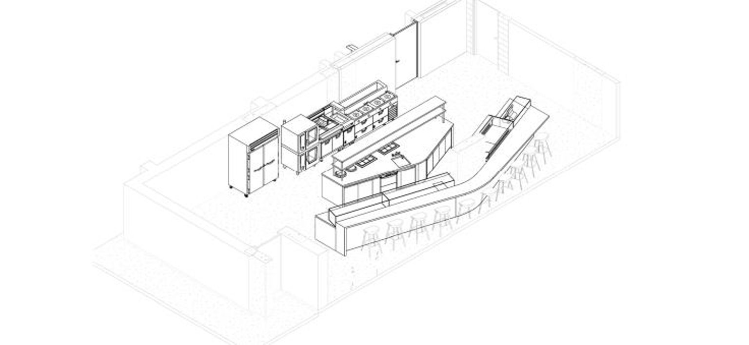 Isometric line drawing of a bar layout with counters, bar stools, and kitchen equipment in a rectangular room.