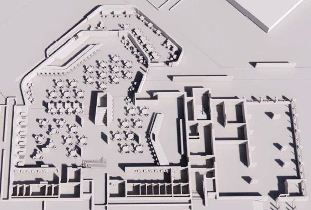 3D architectural model showing a building layout with open seating areas, pathways, and surrounding structures.