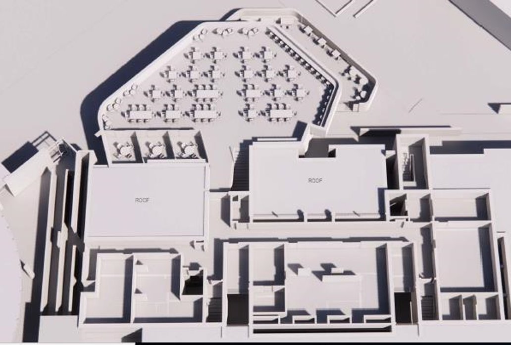 3D architectural model showing rooftop spaces and an outdoor seating area with tables and chairs.