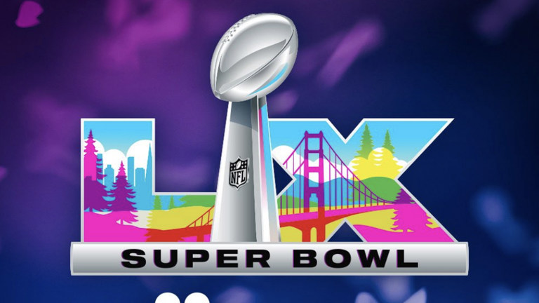 Super Bowl LIX logo with trophy, colorful landscape, and bridge in the background—perfect for your Super Bowl 2026 watch party.