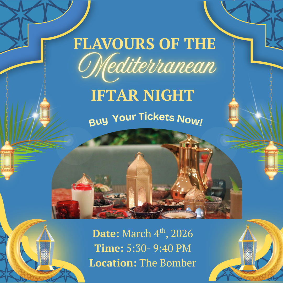 Event poster for a Mediterranean Iftar Night, featuring lanterns, delicious food, and event details.