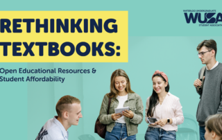 Four students chat and smile while holding notebooks, with "Rethinking Textbooks".