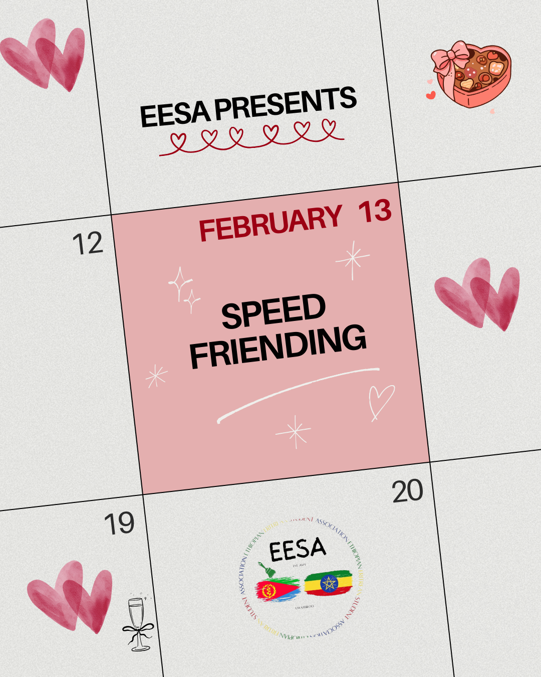 A calendar marks February 13 for the EESA Speed Friending event, decorated with hearts and Valentine’s-themed drawings.