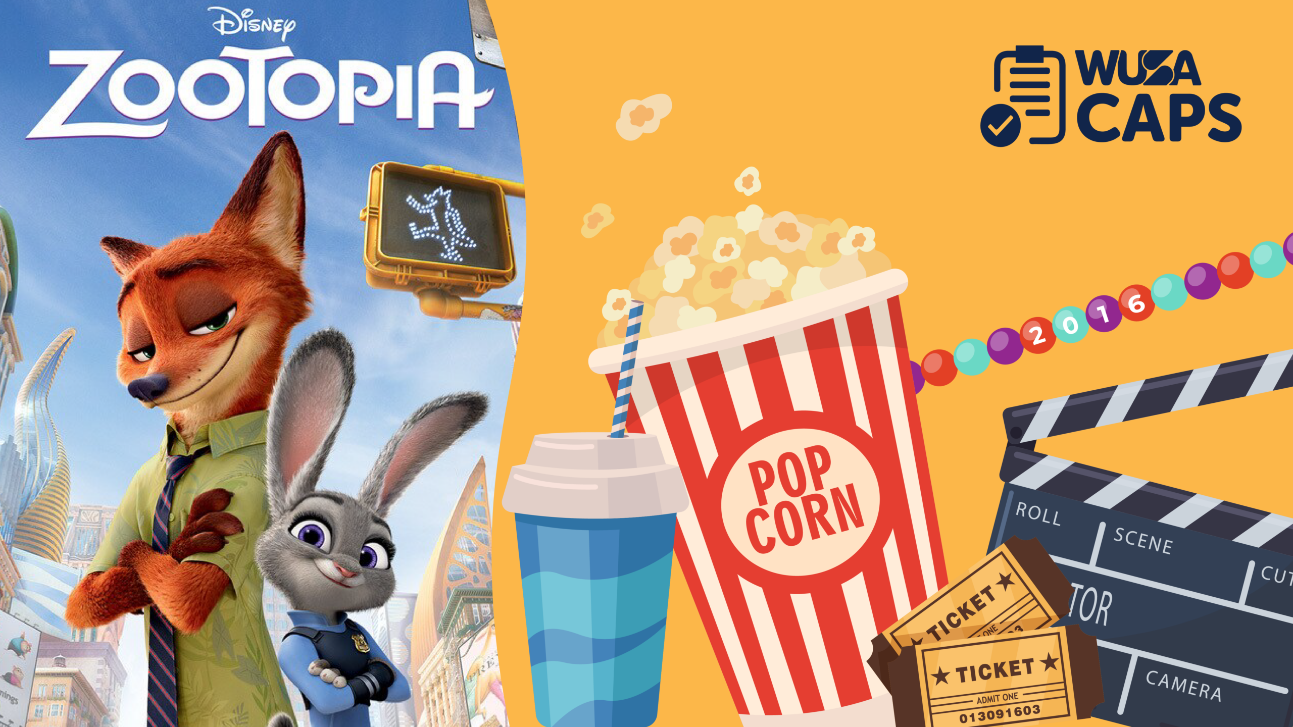Zootopia poster with Nick and Judy, popcorn, drink, movie ticket, film clapperboard graphics, and a hint of nostalgia for movies fans.