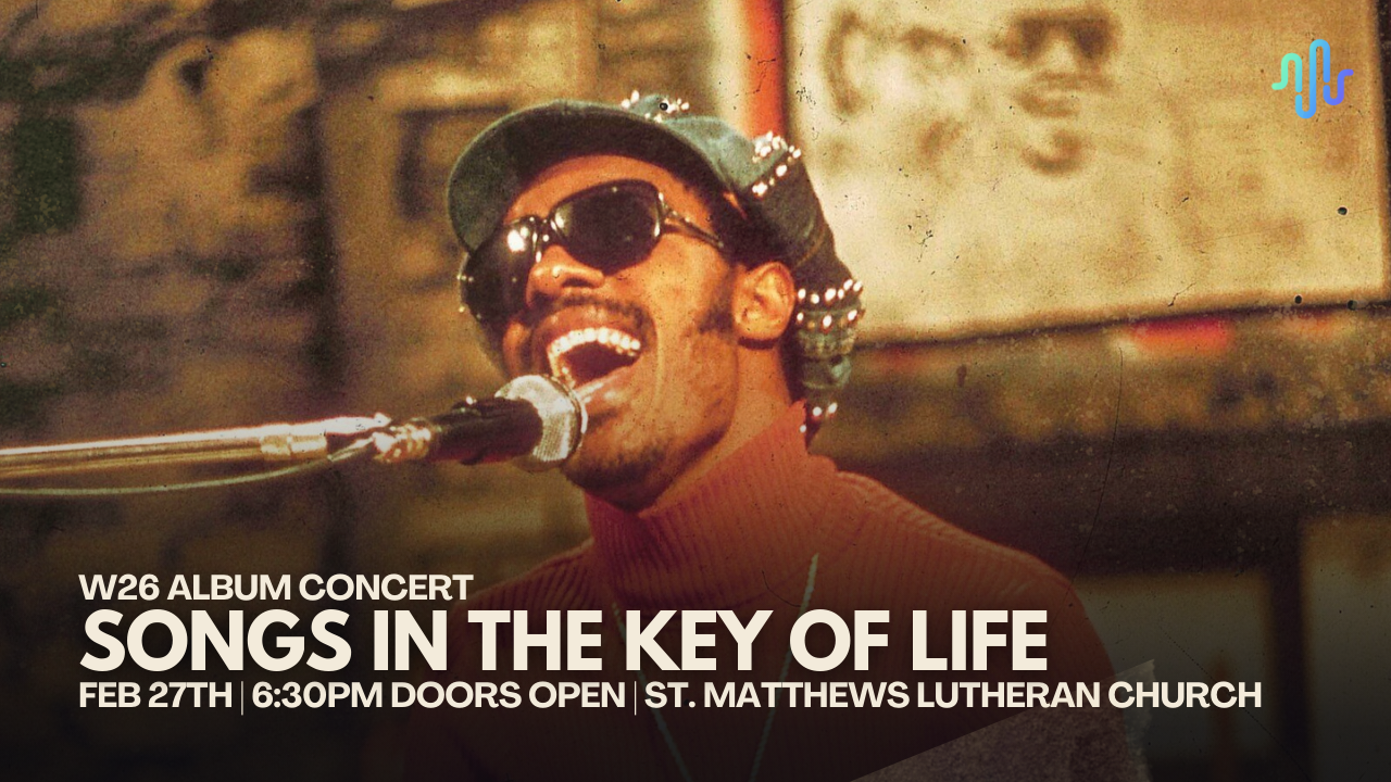 A musician in sunglasses sings at a microphone; concert details overlay the image, celebrating Stevie Wonder's iconic album concert, Songs in the Key of Life.