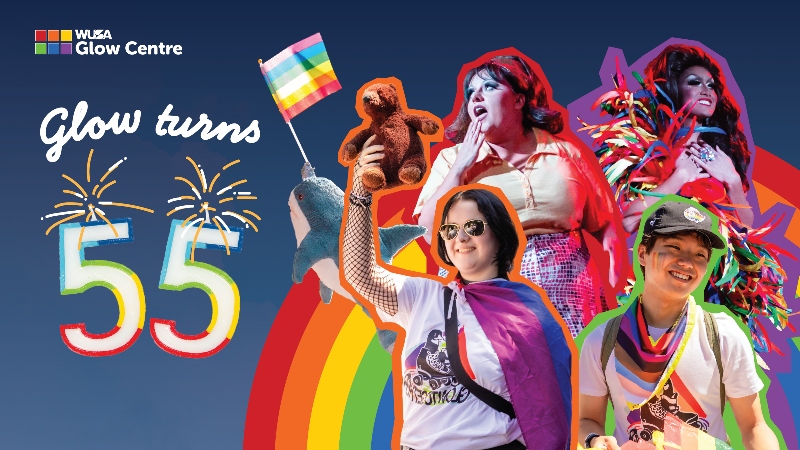 People celebrate Glow Centre’s 55th Anniversary with rainbow flags, costumes, and vibrant decorations during the exciting Glow Celebration.