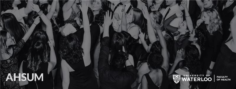 A group of people dance at a party; AHSUM and University of Waterloo Faculty of Health logos are visible.