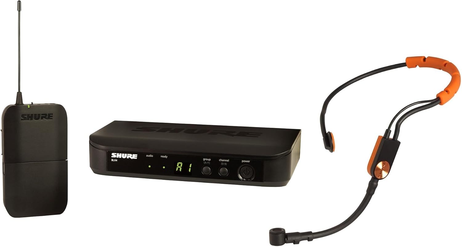 Shure wireless headset microphone system with receiver, bodypack transmitter, and black-orange headset mic—perfect for any AV Catalogue setup.