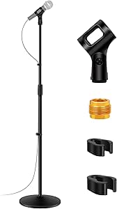 Microphone on a stand with cable, mic clip, adapter, and two cable clips shown separately—ideal for any AV Catalogue setup.