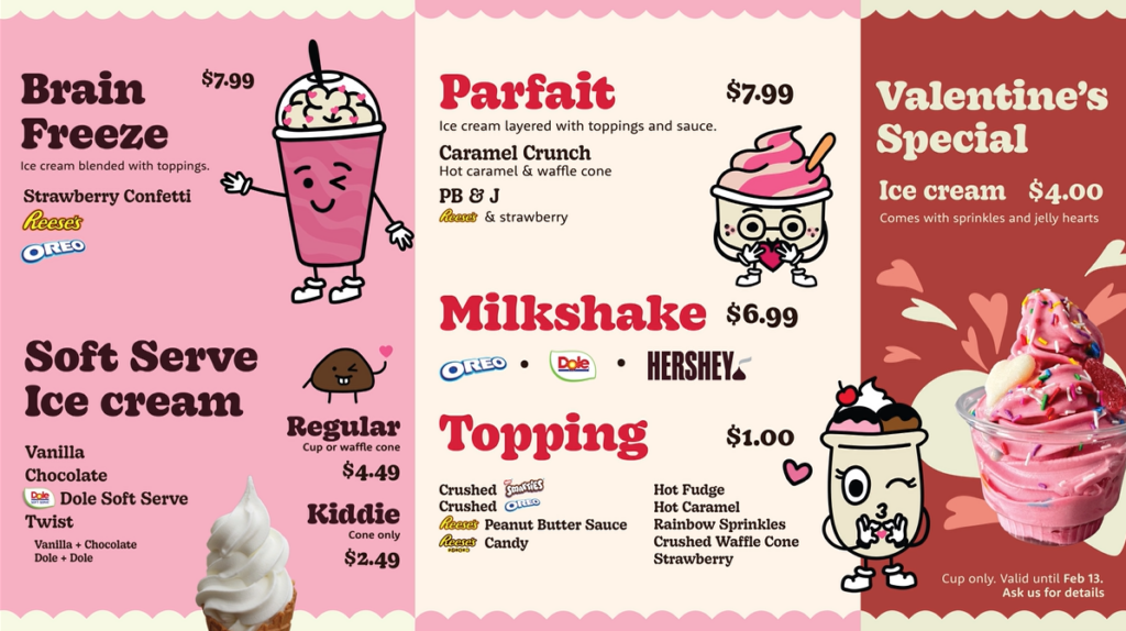 SP Valentine menu with offer Colorful ice cream menu with cute cartoon desserts, prices, flavors, parfaits, milkshakes, and Valentine’s Special offer.