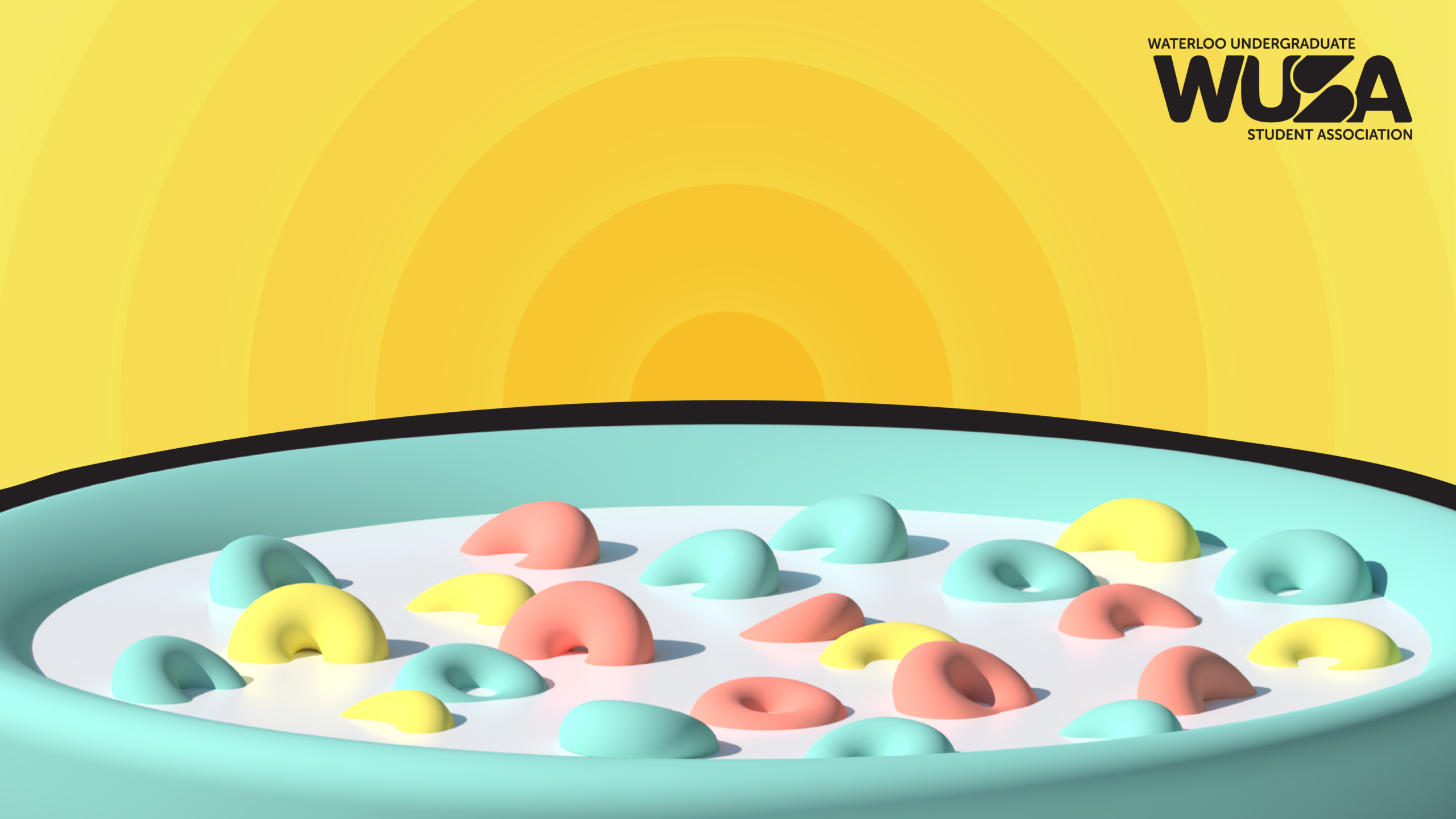 A pastel bowl of Toons cereal pieces with milk and a WUSA Student Association logo in the top right corner delivers a playful morning crunch.