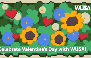Colorful flowers and hearts surround the cheerful "Celebrate Valentine's Day with WUSA!" text at the bottom.