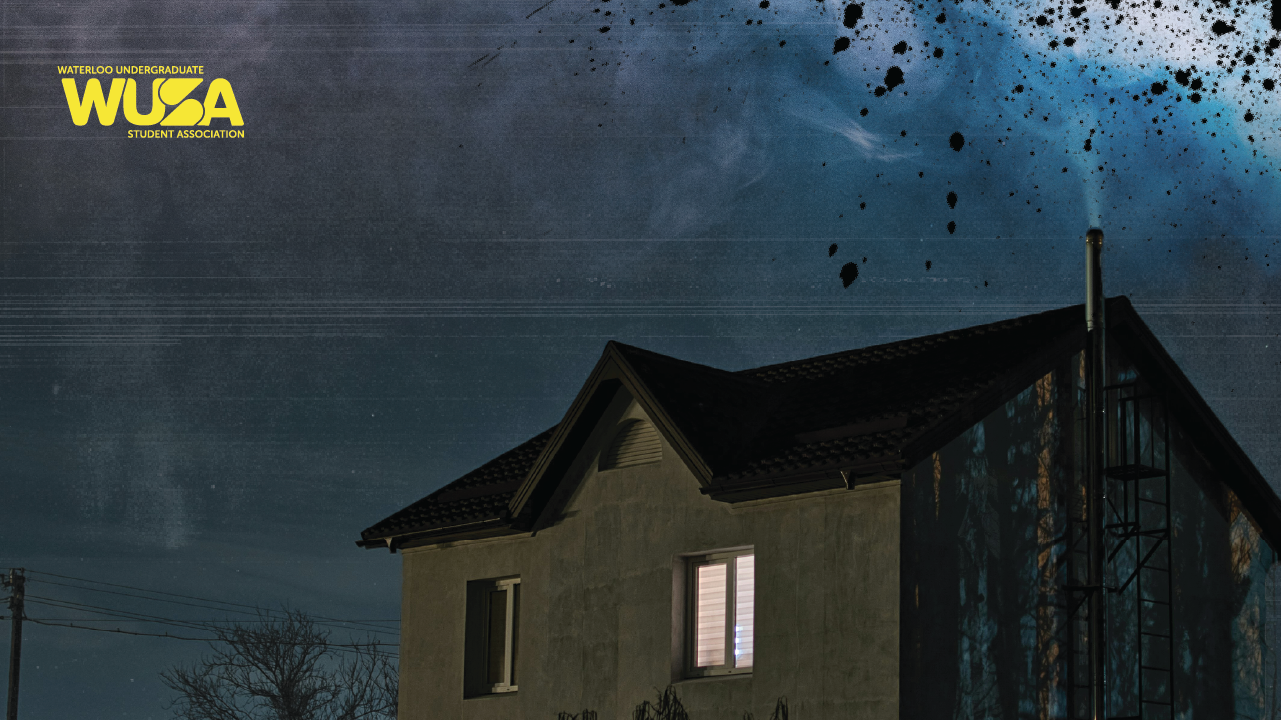 A house at night with a lit window, WUSA Student Association logo in the top left corner, sets the scene for an exciting YOUdunnit Murder Mystery Night.