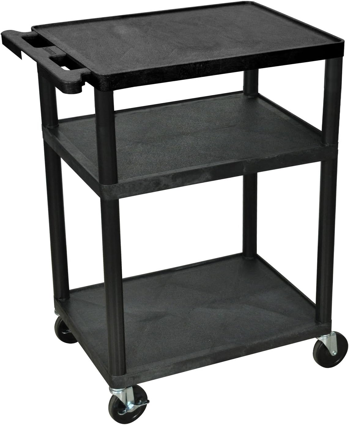 An AV Catalogue black cart with wheels, perfect for organizing and transporting your audio-visual equipment with ease.