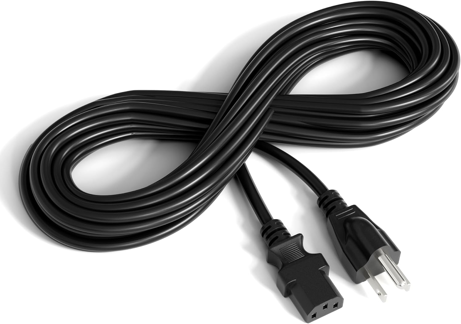 A black power cord from the AV Catalogue features a standard three-prong plug and a three-slot connector, coiled neatly.