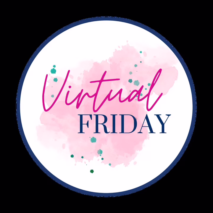 Text "Virtual Friday" with a soft Glow effect on a pink watercolor background inside a navy blue circle.