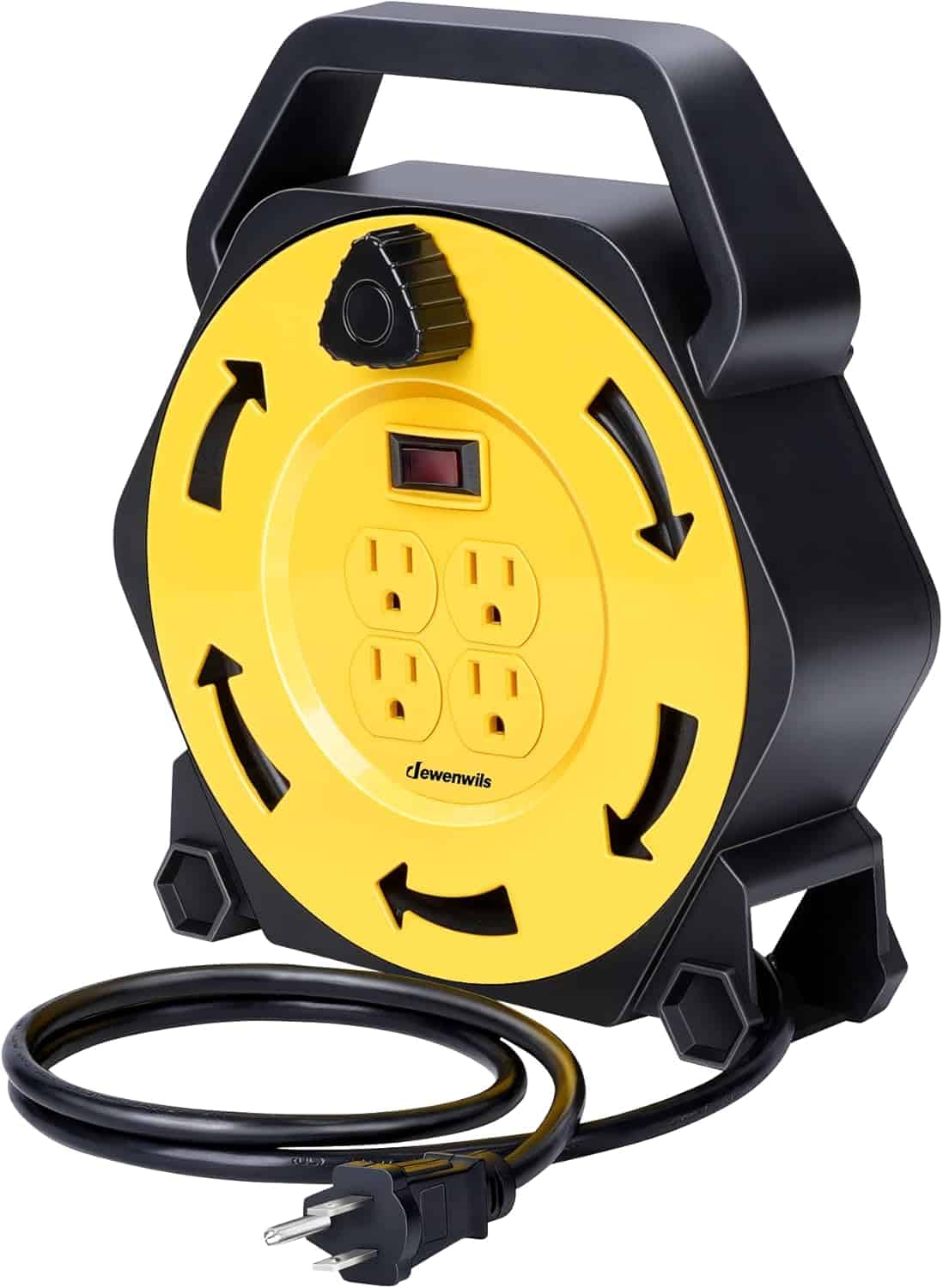 A black and yellow extension cord, ideal for your AV Catalogue needs.