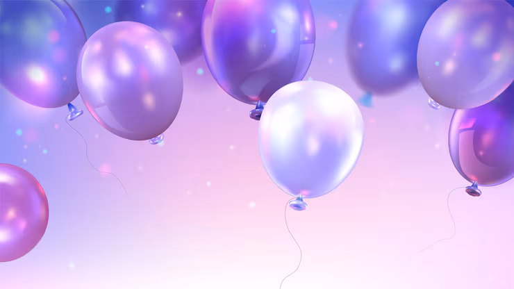Lavender, pink, and blue balloons float against a soft, pastel background with a gentle glow and light bokeh effects.