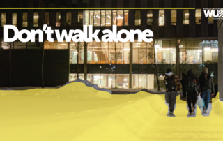 A group of people walk together at night outside a lit building with text reading “Don’t walk alone”.