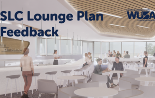 Modern lounge with people sitting and standing, large windows, and "SLC Lounge Plan Feedback" text on image, highlighting the Student Lounge Project’s focus on community and feedback.