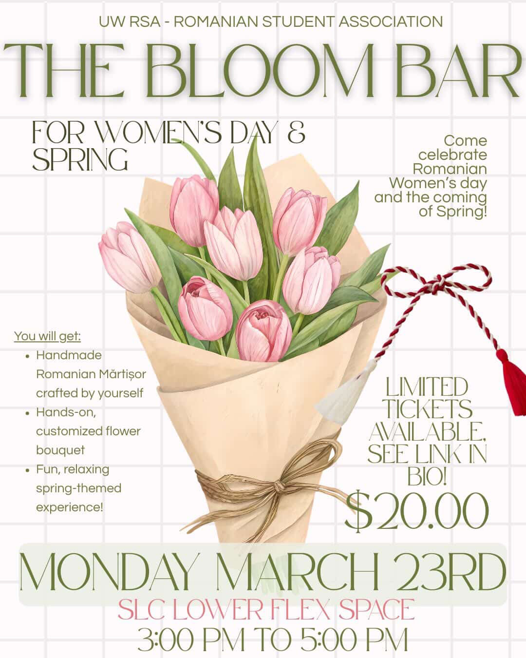 A bouquet of pink tulips with event details for "The Bloom Bar," a Women's Day and spring celebration at Bloom Bar.