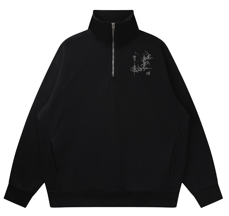 The 20th Anniversary Quarter Zip - UWVSA is a black pullover with a small, detailed white UWVSA 20th Anniversary graphic on the left chest, shown against a white background.
