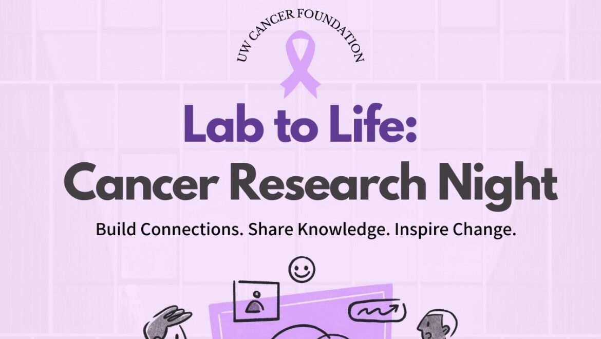 Event poster for "Cancer Research Night" with date, time, location, and illustrated scientists discussing research.