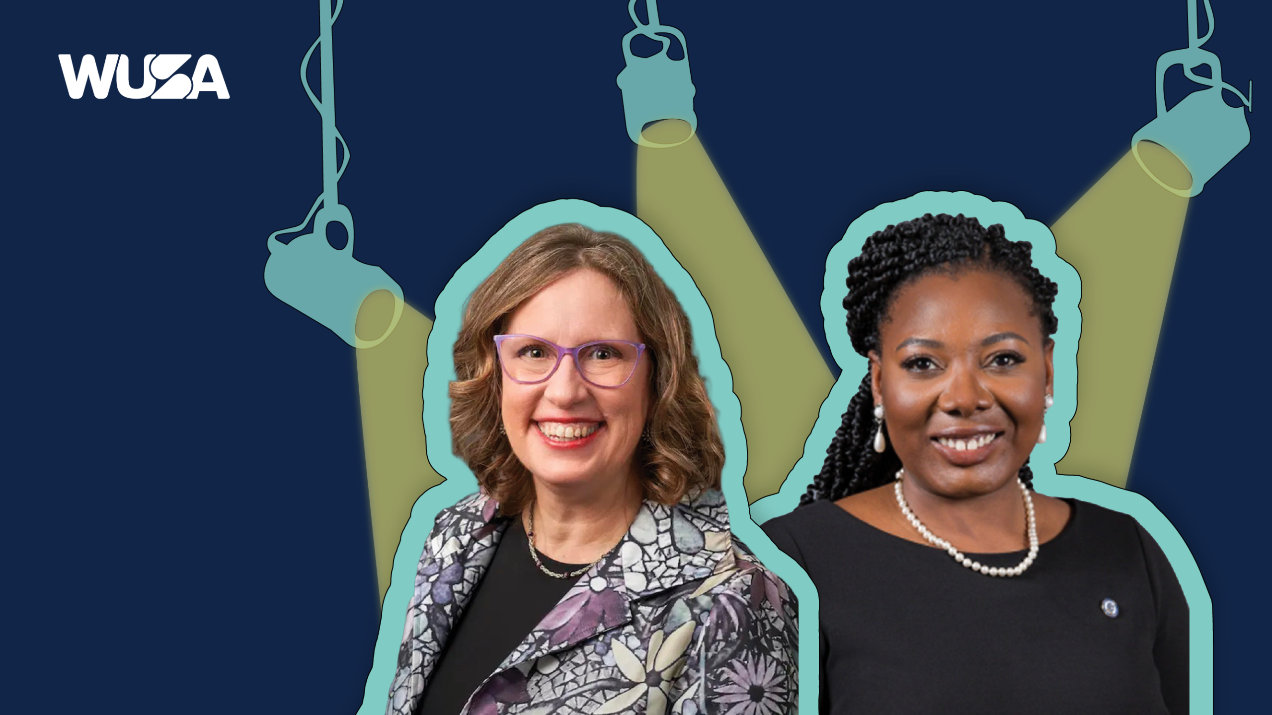 Two women in business attire stand under spotlights on a dark blue background with the WUSA logo, capturing the essence of "Politics Without the Podium" as they prepare for upcoming political events.