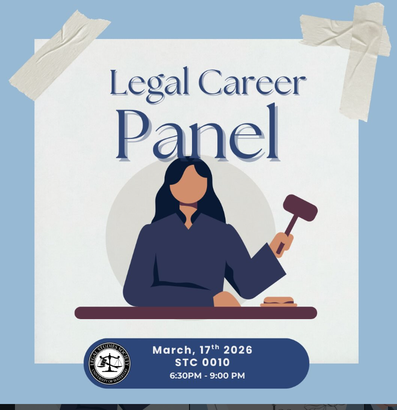 Illustration of a judge holding a gavel, advertising a Legal Career Panel event on March 17, 2026—discover insights into the legal profession.