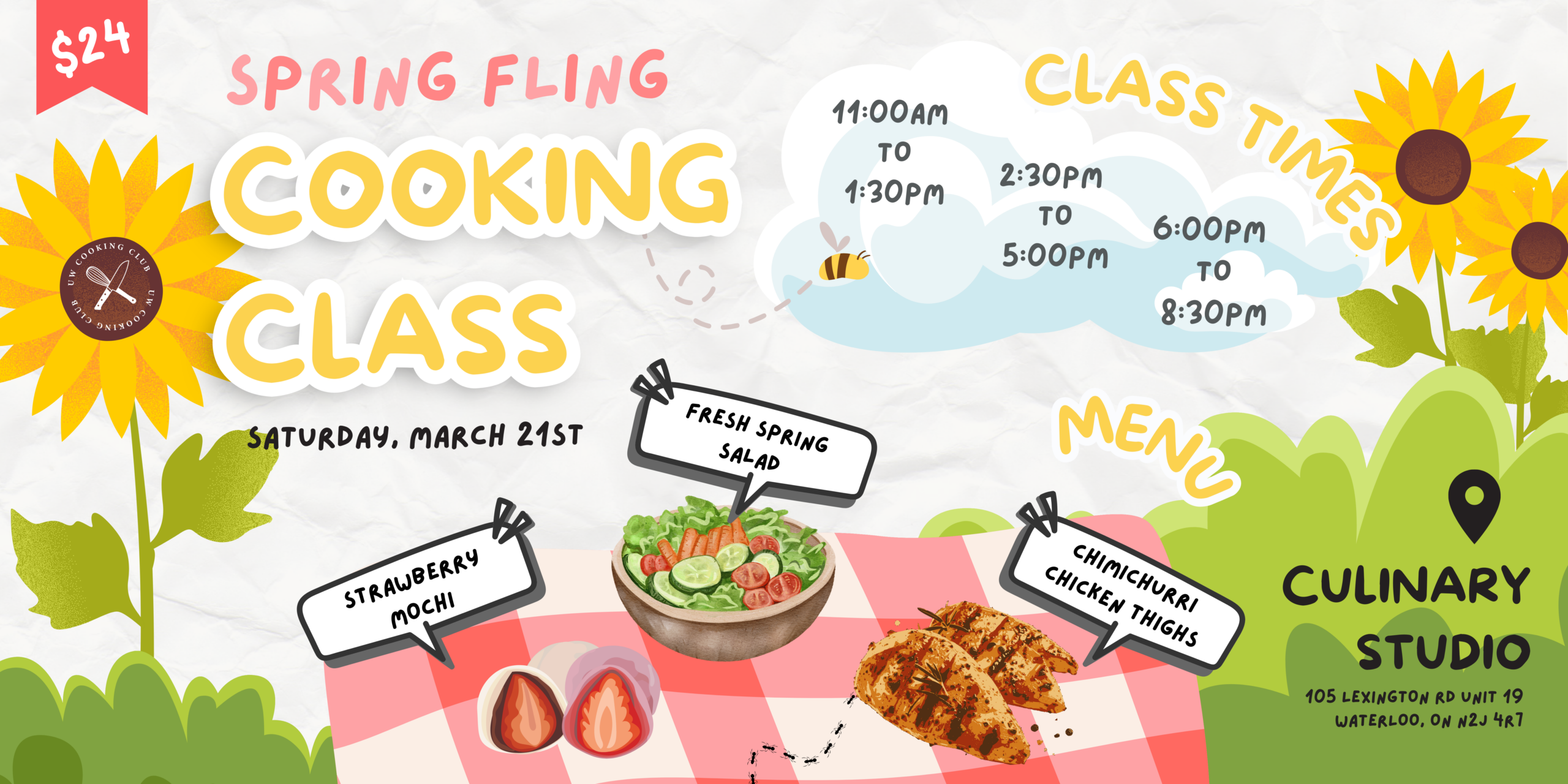 Colorful Spring Fling cooking class poster with sunflowers, food illustrations, class times, and event details—all styled around a cheerful picnic theme.