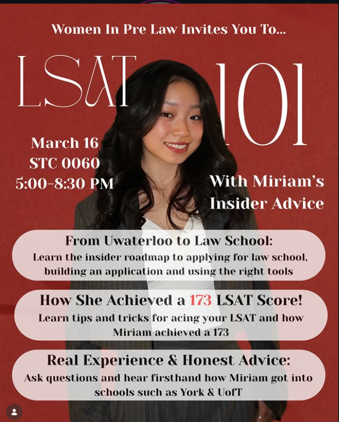 A smiling woman stands in front of LSAT 101 event details for Women In Pre Law on a pink background.