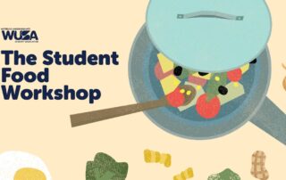 A pot of colorful food with a wooden spoon, text reads "The Student Food Workshop" by WUSA—boost your cooking confidence and learn budget cooking skills!.