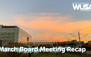 Sunset sky over modern campus buildings sets the scene for our March Board Meeting. The image features "March Board Meeting Recap" alongside the WUSA logo, capturing key highlights from this important Board Meeting.