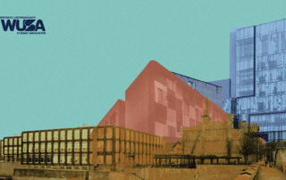 Stylized illustration of University of Waterloo buildings with the WUSA Student Association logo in the top left corner, highlighting Satellite Campus Lunches.