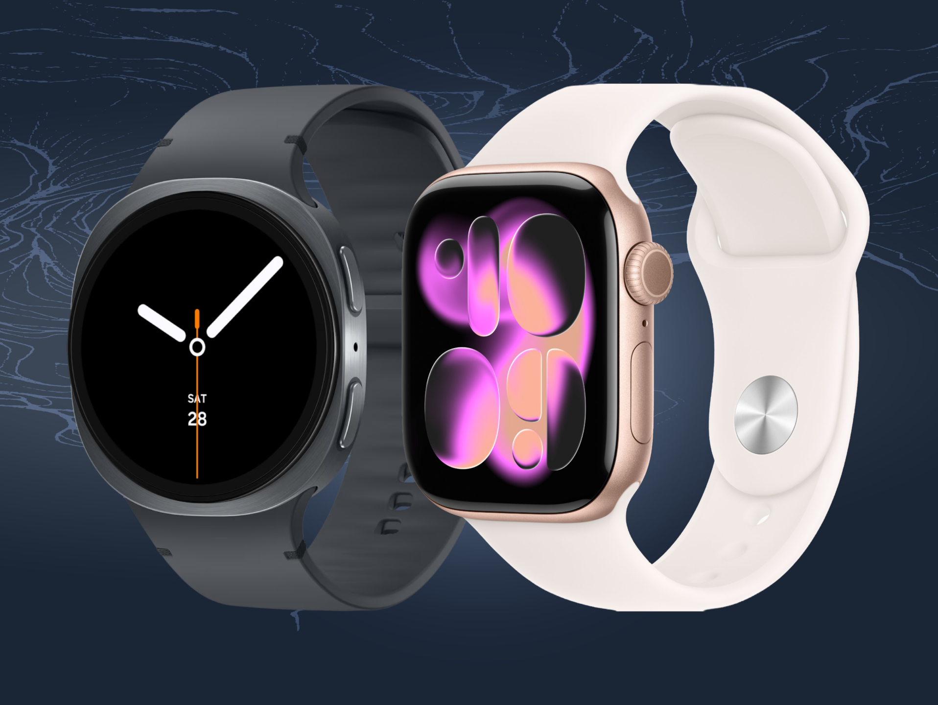 W26-UPP_Web A black round smartwatch and a white square smartwatch are displayed side by side on a dark abstract background, ready to be part of your WUSA Ultimate Prize experience.