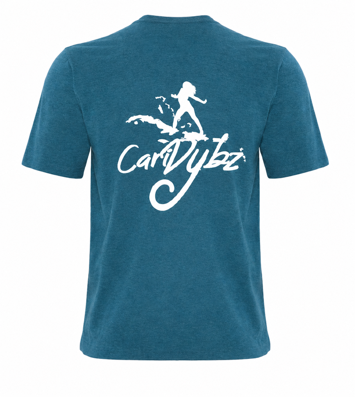 The CariVybz Dance Company T-Shirt features a blue color with a white surfing graphic and "CariVybz" text on the back, inspired by CariVybz Dance Company.
