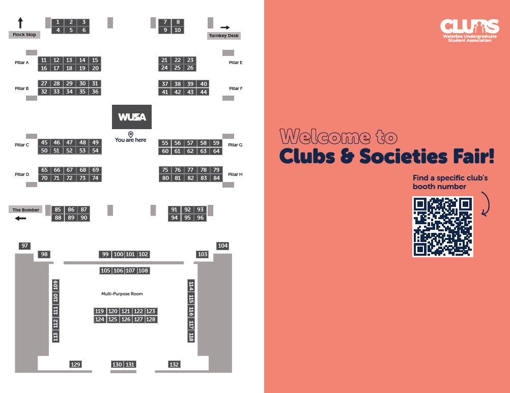 Clubs Fair Map of booths for a Clubs & Societies Fair with a QR code for booth lookup and a welcome message.