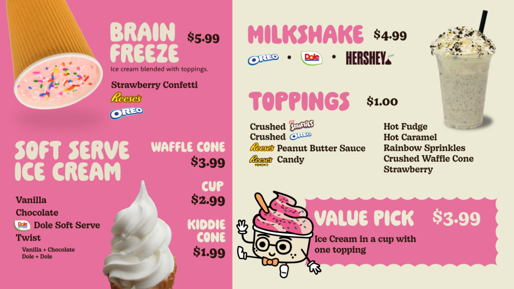 S26 Smarty Pants Menu Ice cream menu with soft serve, milkshake, toppings, and prices on a colorful pink and yellow background.