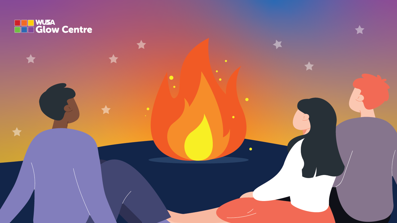 Three people sit around a campfire at night beneath a starry sky, with the "Glow Centre" logo and "Glow Pride Sendoff" featured in the corner.