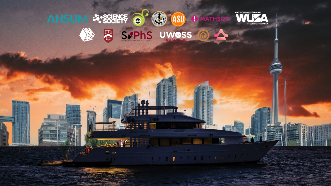 A yacht on the water at sunset in Toronto Harbour, city skyline aglow, student group logos across the sky—a perfect scene for a 19+ Boat Cruise event.