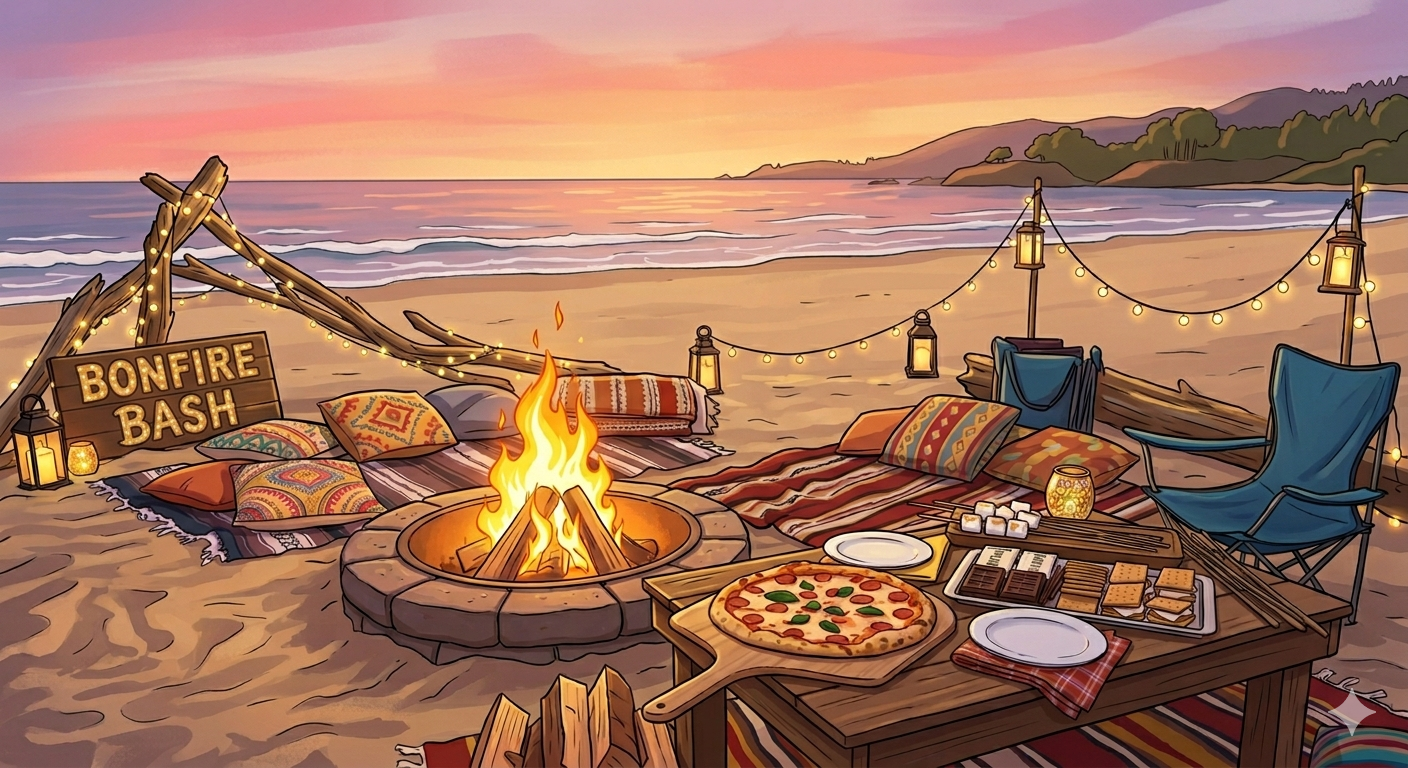 A cozy beach Bonfire Bash at sunset with pillows, string lights, pizza, and s'mores set on a wooden table.