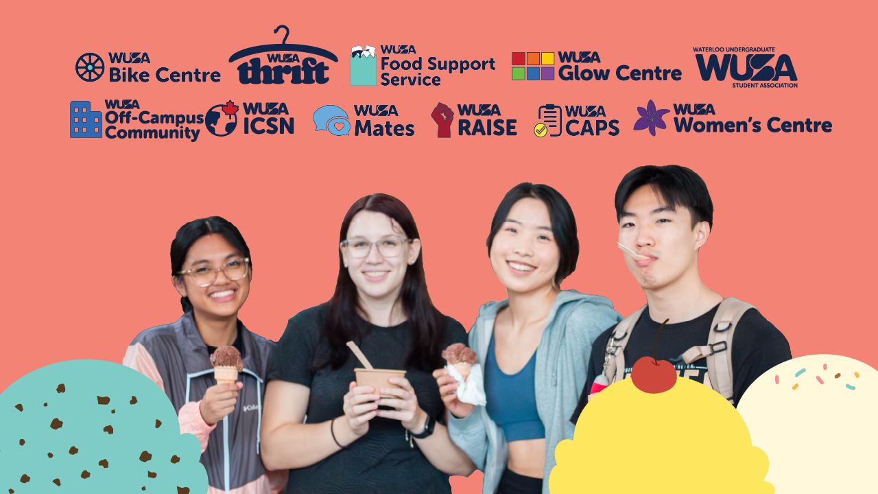 Four smiling students enjoy ice cream with WUSA Services logos displayed above them on a colorful background, celebrating a sweet Meltdown event after midterm exams.